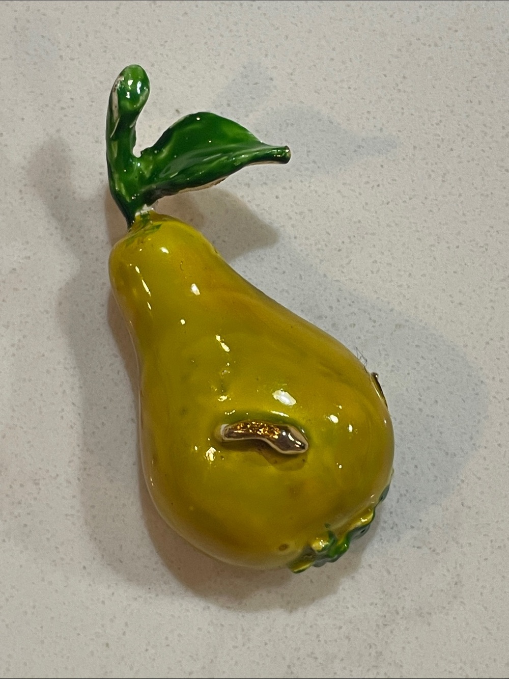 1960's VINTAGE Glossy Yellow Enamel Pear Accent with Green Leaf Brooch